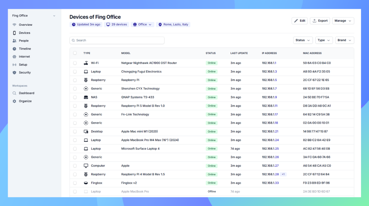 Screenshot of the network inventory software Fing