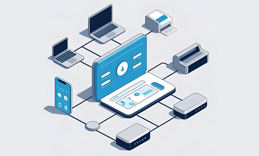 Stylized isometric illustration of a network inventory software for small businesses