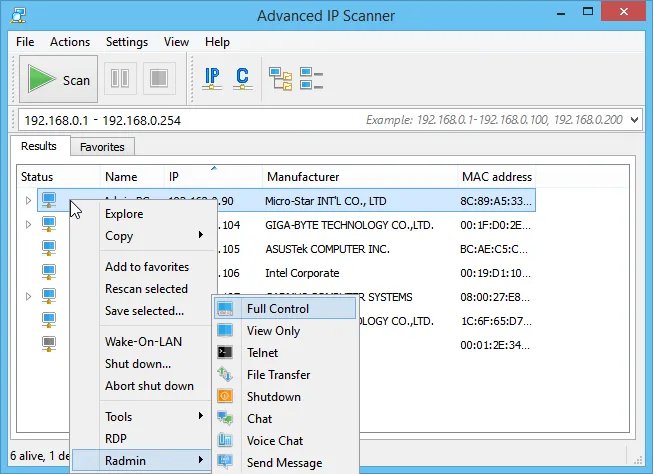 Advanced IP Scanner interface, a network ip scanner app