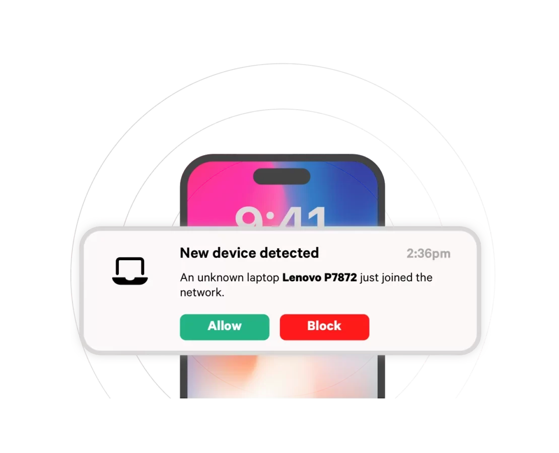 Fing mobile app showing notification about a device joining the network