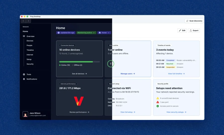 Screenshot of Fing Desktop 4.0, with dark mode