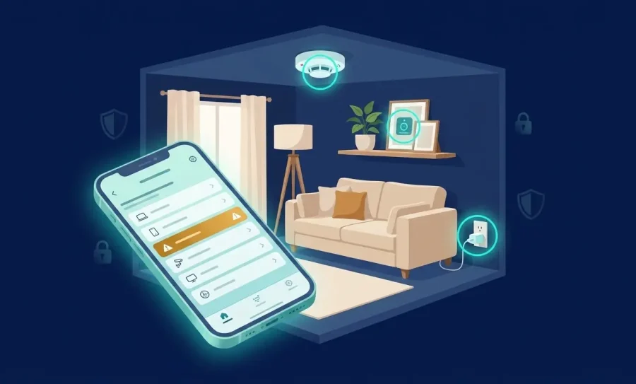 Graphic design showing how to detect surveillance devices in your house with the Fing App