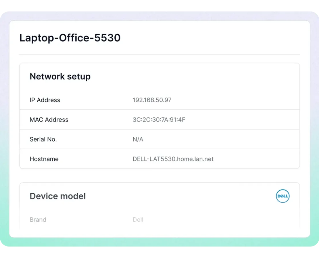 Fing network discovery result showing device details — IP address, MAC address, hostname, and brand identification for a Dell laptop