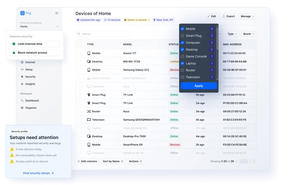 Screenshot of the main page of the network scanner Fing, showing device details and other network info