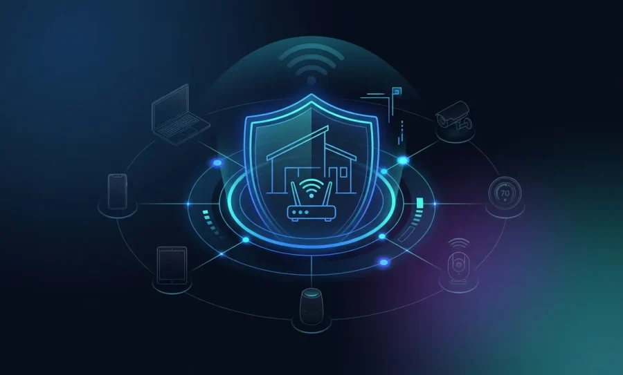 Graphic composition showing how to secure home WiFi