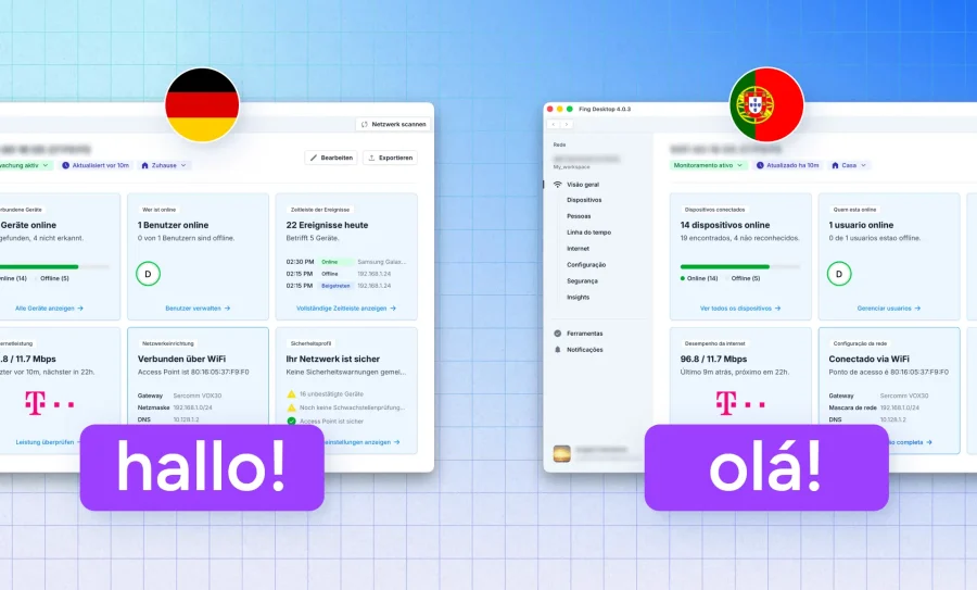 Home page of Fing Desktop showing the interface in German and Portuguese