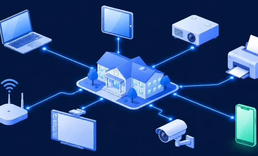 An image showing several devices connected to a school network, showing the importance of cybersecurity in schools