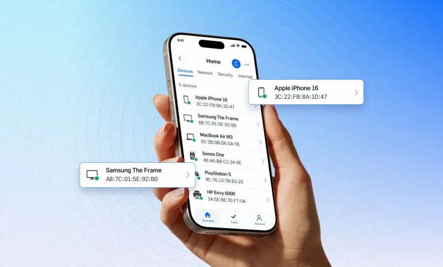 Fing iOS app showing MAC addresses next to devices on a Wi-Fi network.